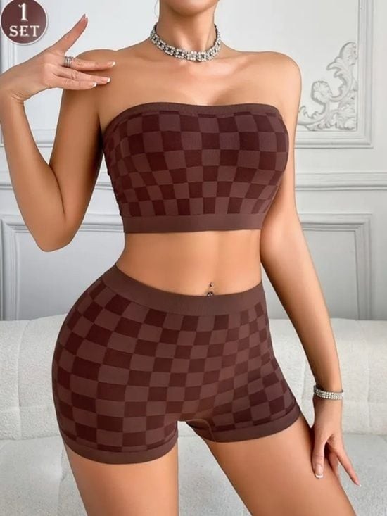Seamless Crop & Shorts Set - Top in Brown Sz M Plaid