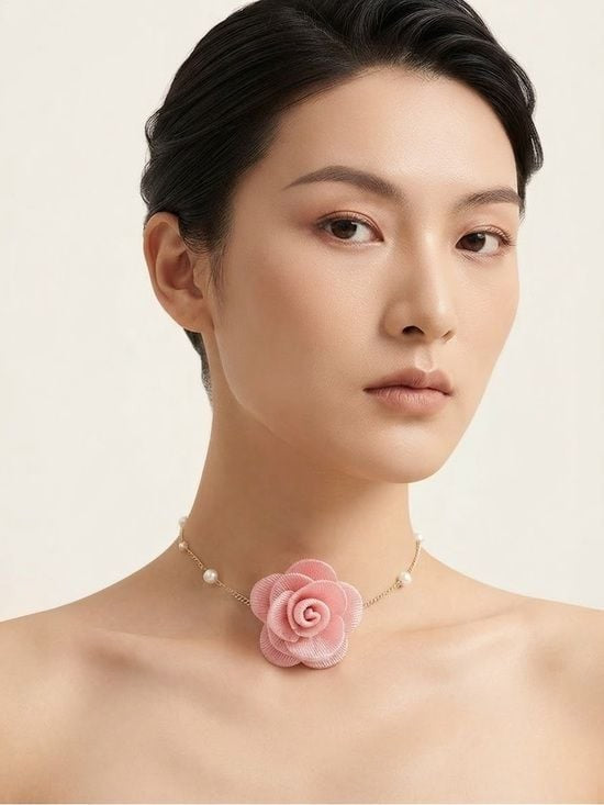 Gold-Plated Choker Necklace with Faux Pearls and Fabric Rose
