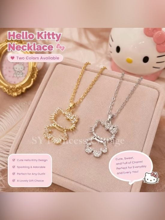 2 x Hello Kitty Crystal Pendant Necklace - Gold and Silver