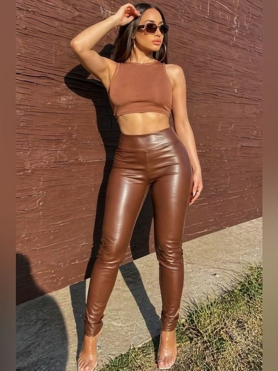Fitted High Waist Brown Faux Leather Leggings High-Rise Small