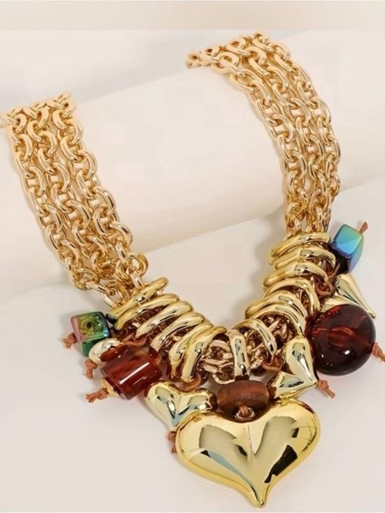 Statement Gold Multi-Chain Heart Pendant Necklace | Chunky Charm Bib Necklace