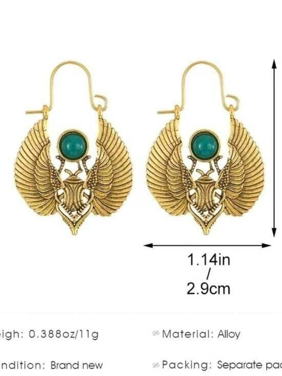 Gold Winged Scarab Earrings with Green Gemstone - Women Jewelry