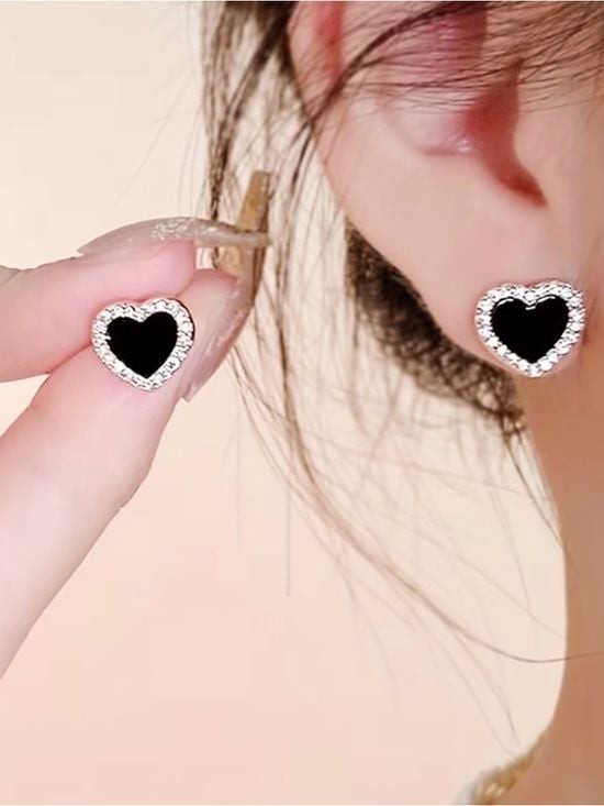 5 Pairs Women's Black Crystal Stud Earring Set with Gold Accent