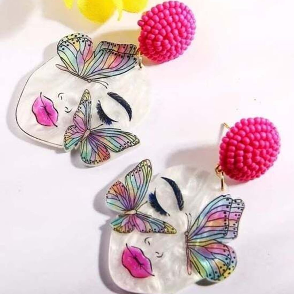 Hot Pink Beaded Butterfly Face Drop Earrings - Women Jewelry