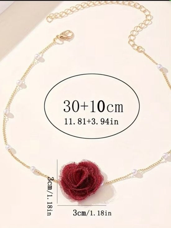 Gold-Plated Choker Necklace with Faux Pearls and Fabric Rose