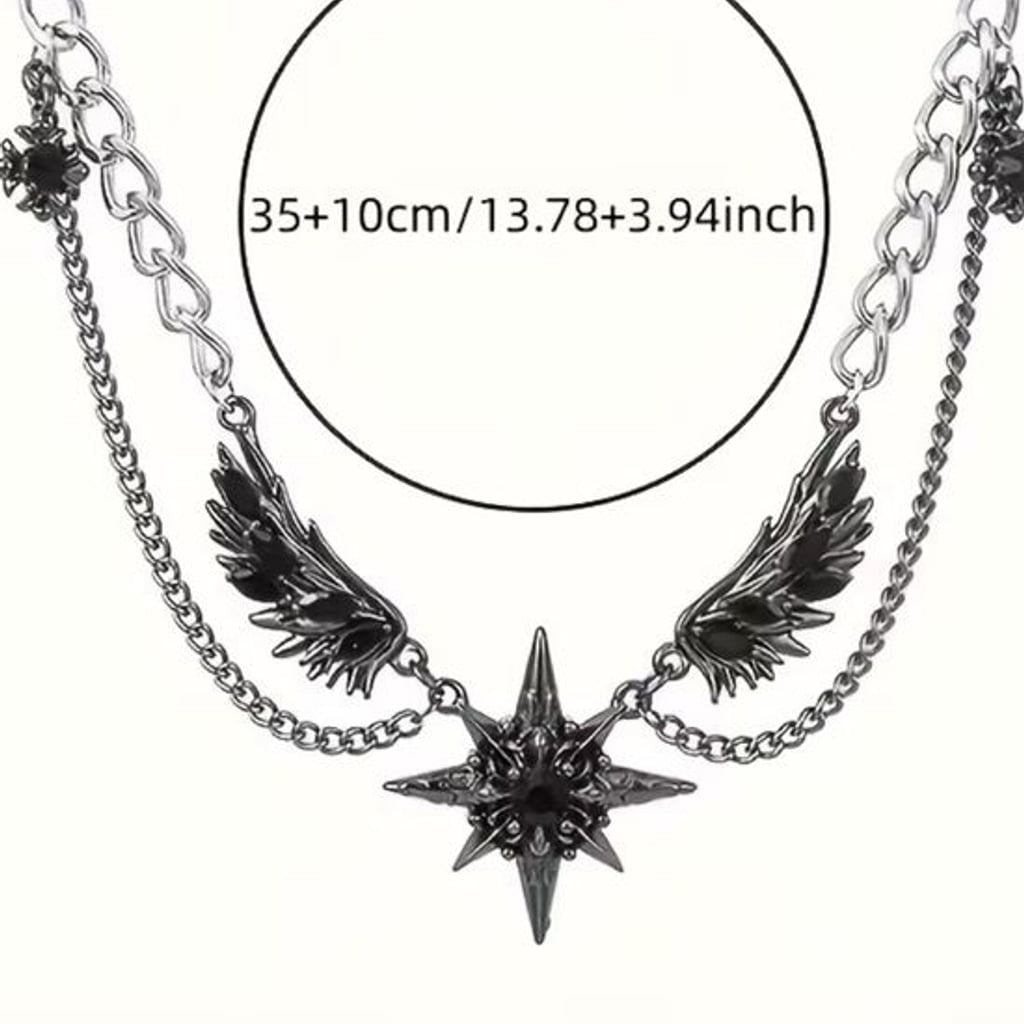 Antique Silver Star & Wing Layered Pendant Necklace