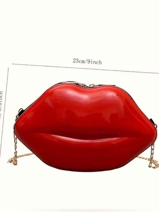 Glossy Red Lip-Shaped Crossbody Bag with Gold Chain
