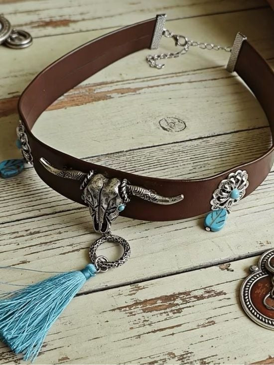 Western Turquoise Tassel Leather Choker Necklace - Unbranded
