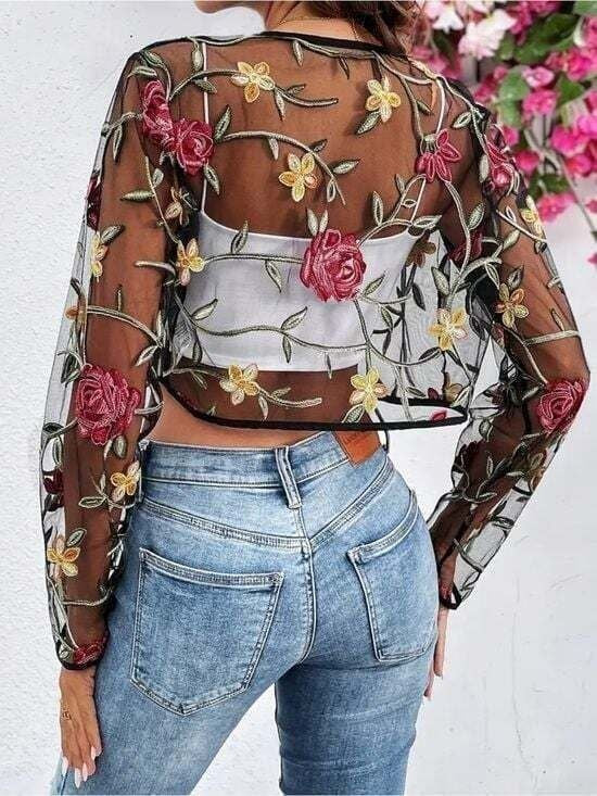 Embroidered Sheer Floral Cropped Cardigan - Black with Red & Gold Flowers Large