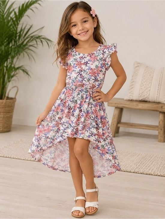 Girls Floral High-Low One-Piece Dress in White with Pink & Blue Flowers