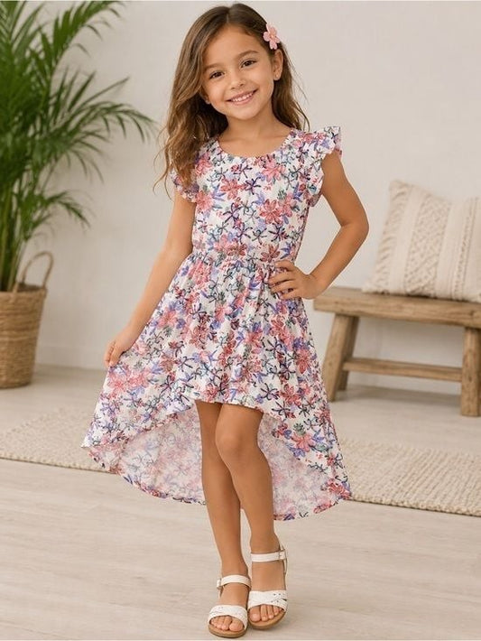 Girls Floral High-Low One-Piece Dress in White with Pink & Blue Flowers