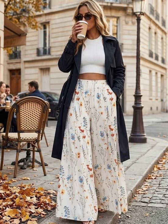 Floral Wide-Leg Palazzo Pants in Cream Small