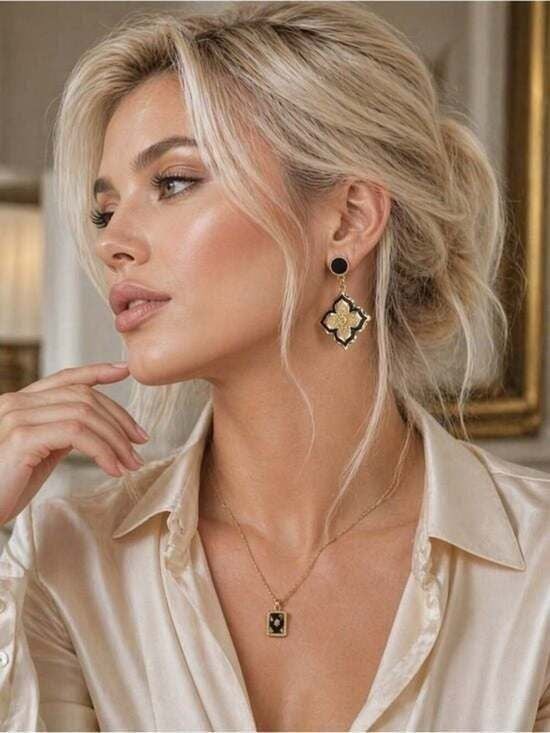 Stunning Cross Gold and Black Floral Drop Earrings
