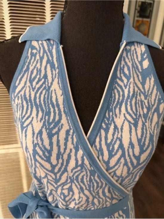 Diane Von Furstenberg Light Blue and White Halter Wrap Maxi Dress Medium