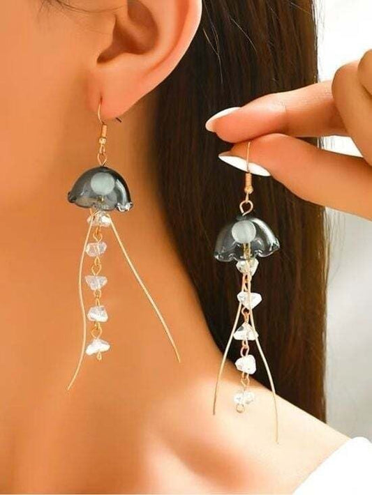 Gold-Tone Black Jellyfish Drop Earrings with Crystal Charms