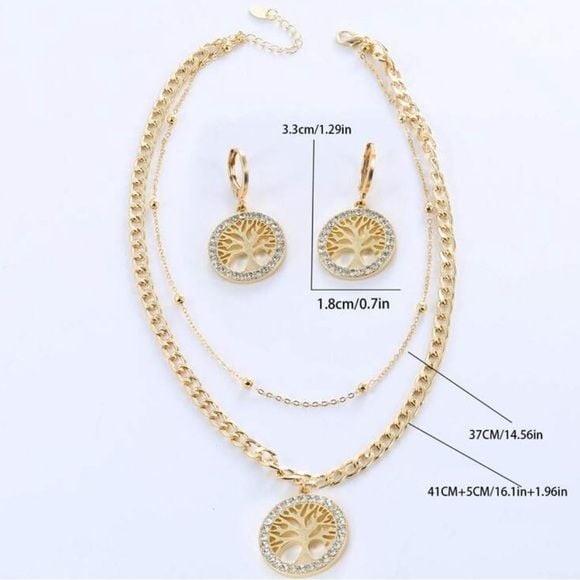 Jewelry Set Gold Tree of Life Necklace Crystal & Dangle Earrings