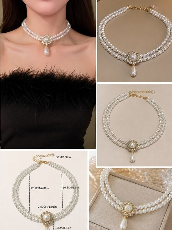 Triple-Strand Pearl Choker Necklace with Gold Floral Drop