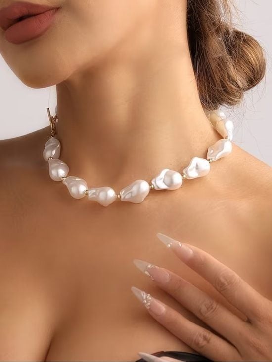 Baroque Pearl Choker Necklace in White with Gold-Tone Clasp