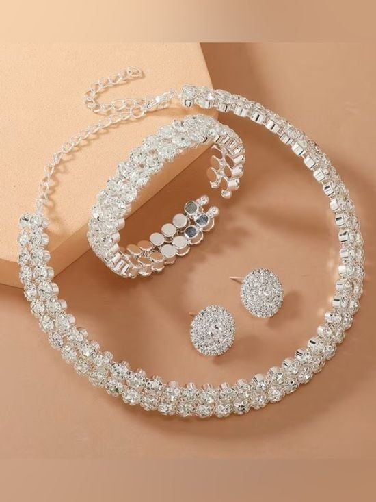 Crystal Pavé Silver-Tone Necklace and Bracelet Set - Elegant White Sparkle