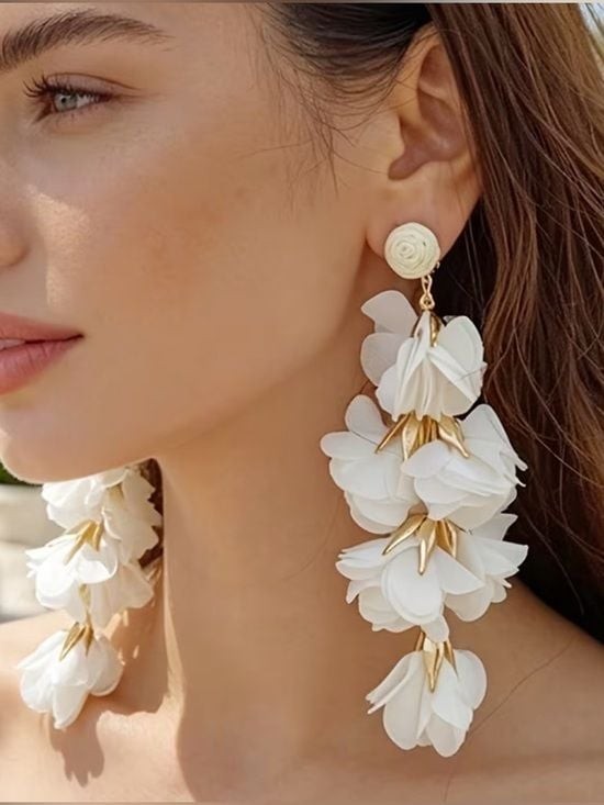 White Floral Cascade Drop Earrings with Gold Accents
