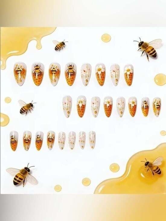 Bee Honeycomb Press-On Nails - Yellow & White Floral Set