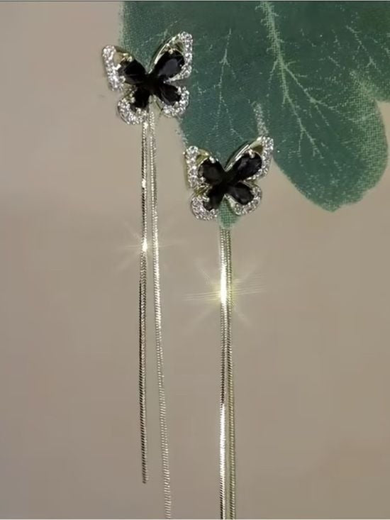 Black Enamel Butterfly Long Tassel Gold Accent Earrings