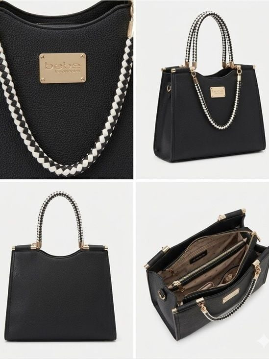 bebe Black Satchel with White Braided Handles and Gold Hardware