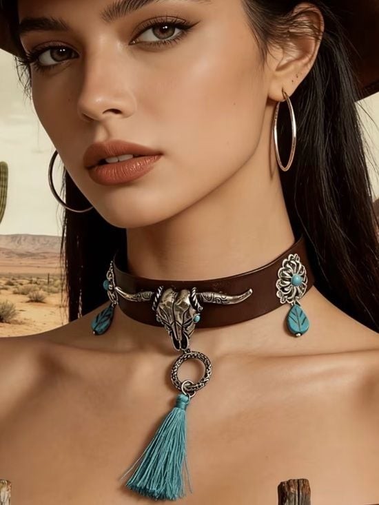Western Turquoise Tassel Leather Choker Necklace - Unbranded