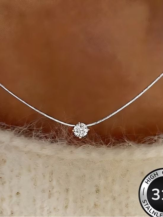 Delicate Solitaire Necklace w Clear Crystal Pendant - Silver Tone
