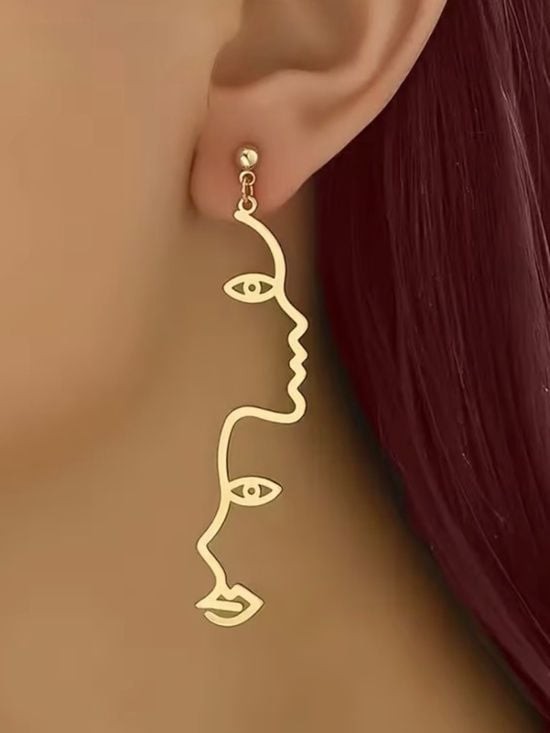 Gold-Tone Abstract Face Line Art Dangle Earrings
