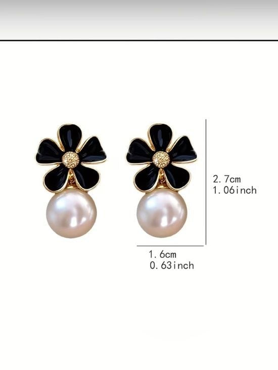 Black Flower Bead Stud Earrings with Pearl Drop - Gold Accent