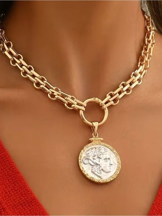 Gold-Tone Double Chain Necklace with Coin Pendant