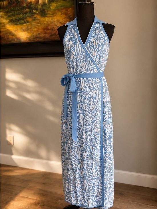 Diane Von Furstenberg Light Blue and White Halter Wrap Maxi Dress Medium