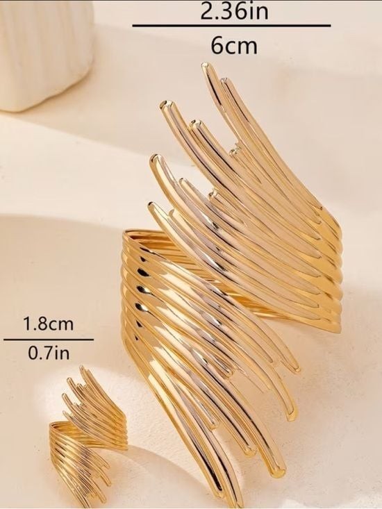 Elegant Gold Sculptural Cuff and Ring Set - Women Jewelry