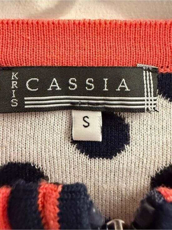 Kris Cassia Navy and White Polka Dot Zip Jacket with Coral Trim Small