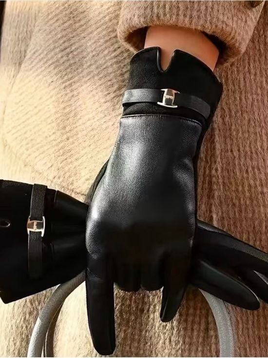 Women's Black Leather Gloves with Silver Accent