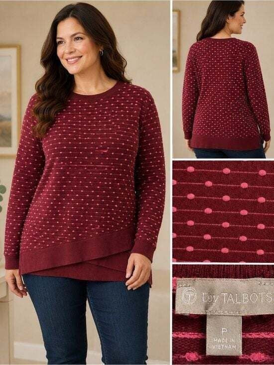 Talbots Women's Burgundy Dot-Textured Crewneck Sweater Small Petite