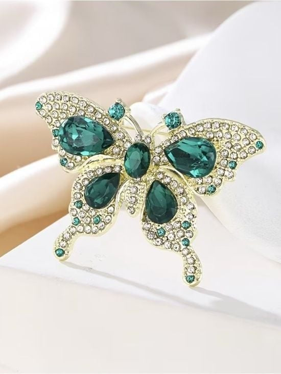 Elegant Green Crystal Butterfly Brooch - Gold Tone