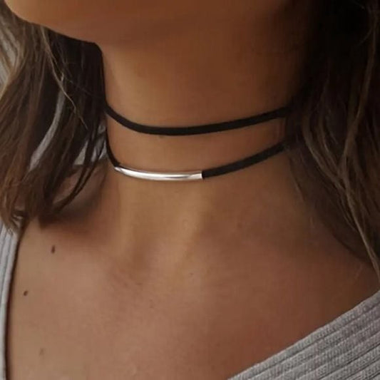 90s Vibe Double-Layer Black Leather Choker with SILVER Accent