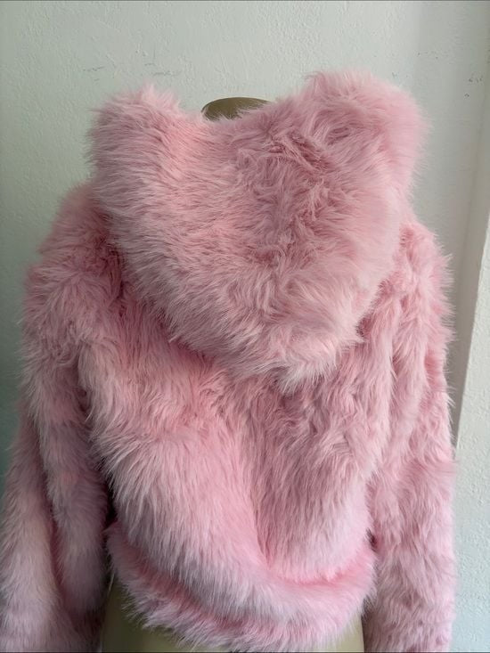 Cropped Plush Teddy Jacket with Hood - Pink Largue