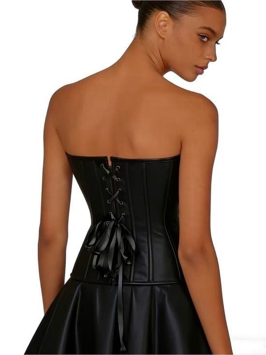 Strapless Black Faux Leather Zip-Front Corset Top 2XL