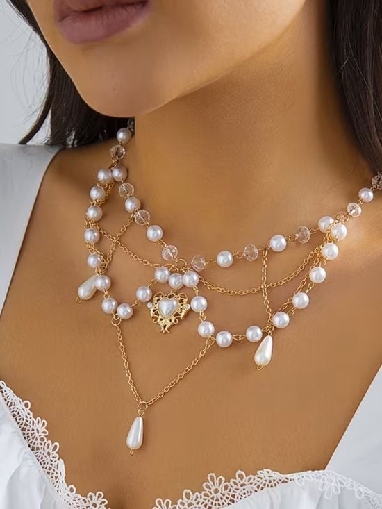 Gold Pearl Layered Heart Chandelier Necklace