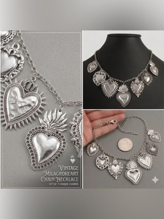 Heart Chain Necklace - Vintage Milagro Sacred Heart