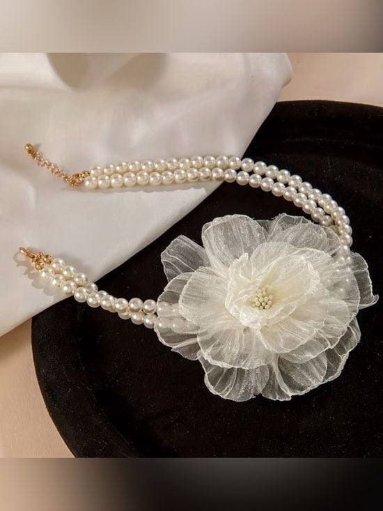 Ivory Double-Strand Pearl Choker with Organza Flower