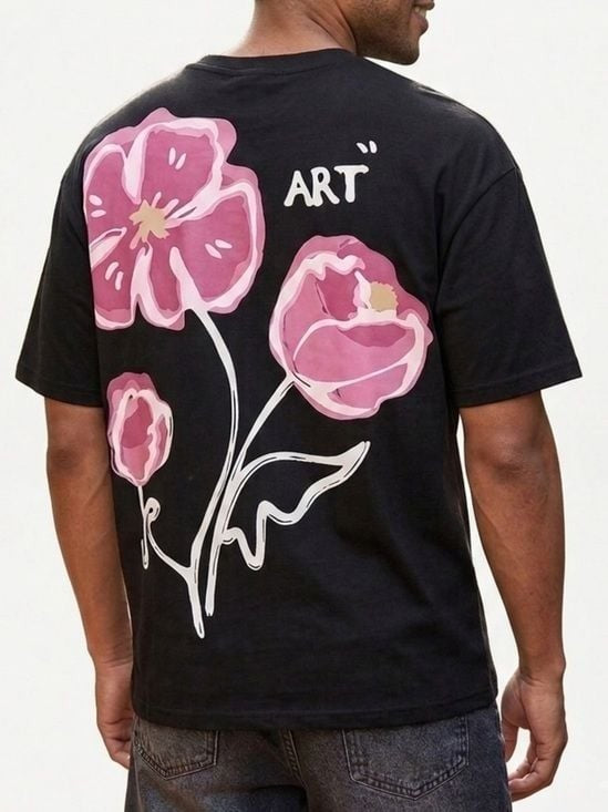 Embossed Black Tee with Pink Floral 'ART' Graphic Large