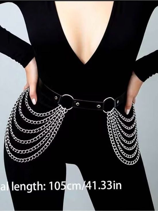 Black Faux-Leather Chain Hip Belt with Silver Rings