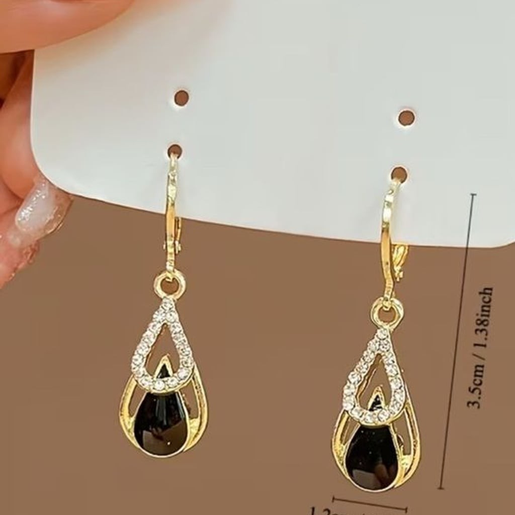 Gold & Black Teardrop Crystal Hoop Earrings