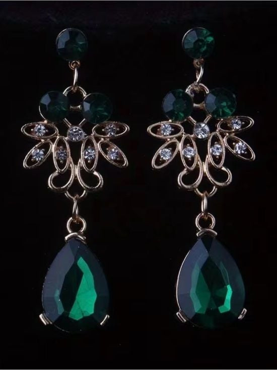 Emerald Teardrop Crystal Floral Necklace & Earring Set Vintage