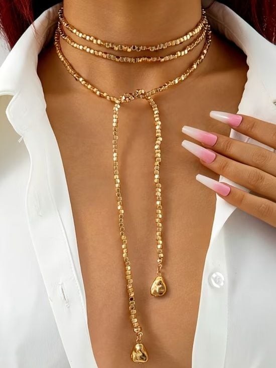Layered Gold Lariat Choker Necklace
