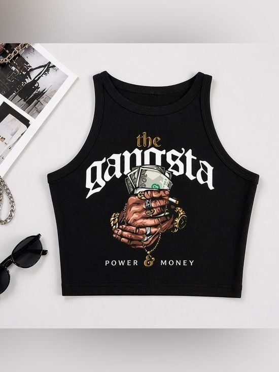 Black Graphic Crop Tank Top with 'The Gangsta' Print